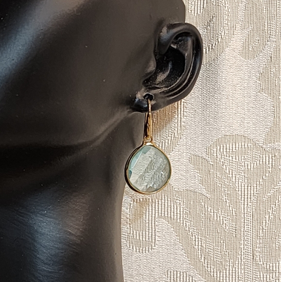 VINTAGE BLUE TOPAZ ROUND BEZEL DROP EARRINGS GOLD PLATED 1980s - Picture 6 of 11